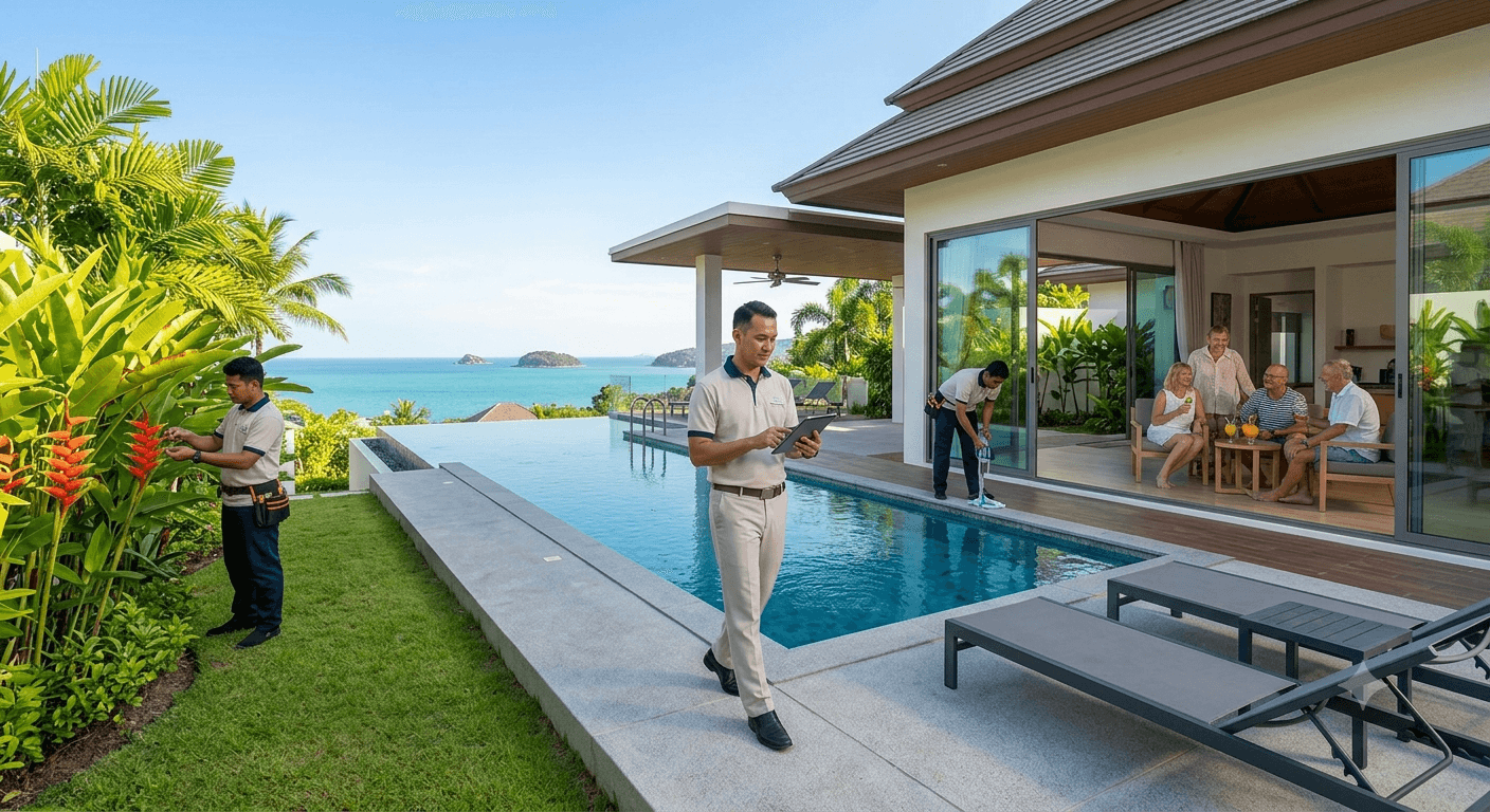 Villa management staff at work in Phuket while guests relax on the terrace