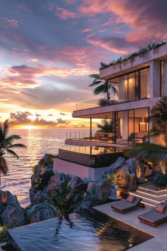 Luxurious oceanfront villa in Phuket with modern architecture, infinity pool, and a stunning sunset view.