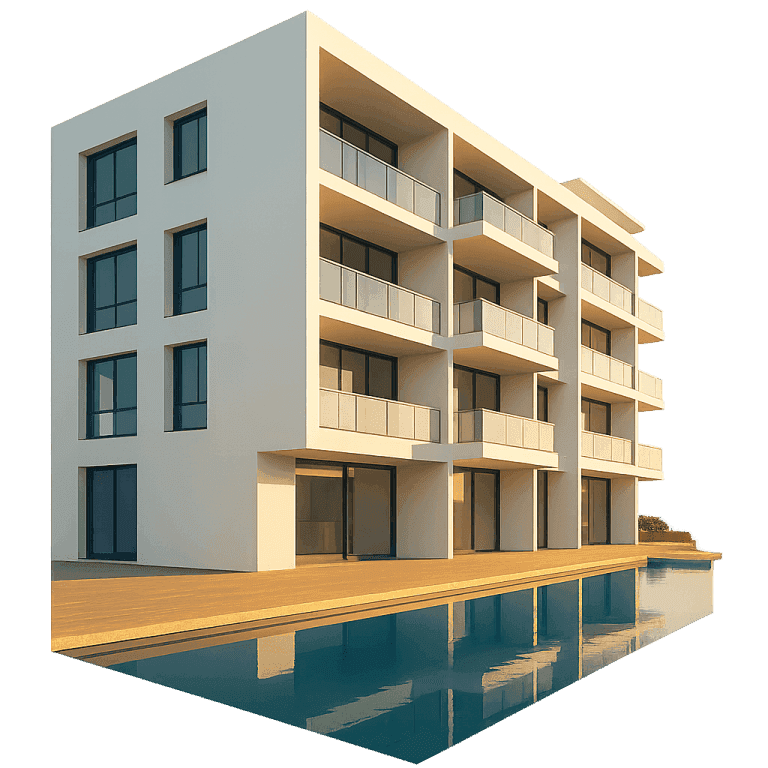 Modern four-storey Surin condo reflected in an infinity pool at sunset