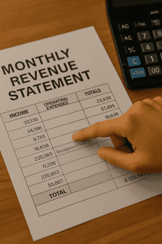 Hand pointing to “Management Fee” line on a vertical monthly revenue statement next to a calculator