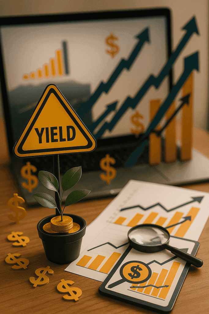 Desk with a “YIELD” sign next to a small plant growing from stacked coins, financial charts, and a laptop showing upward-trending graphs