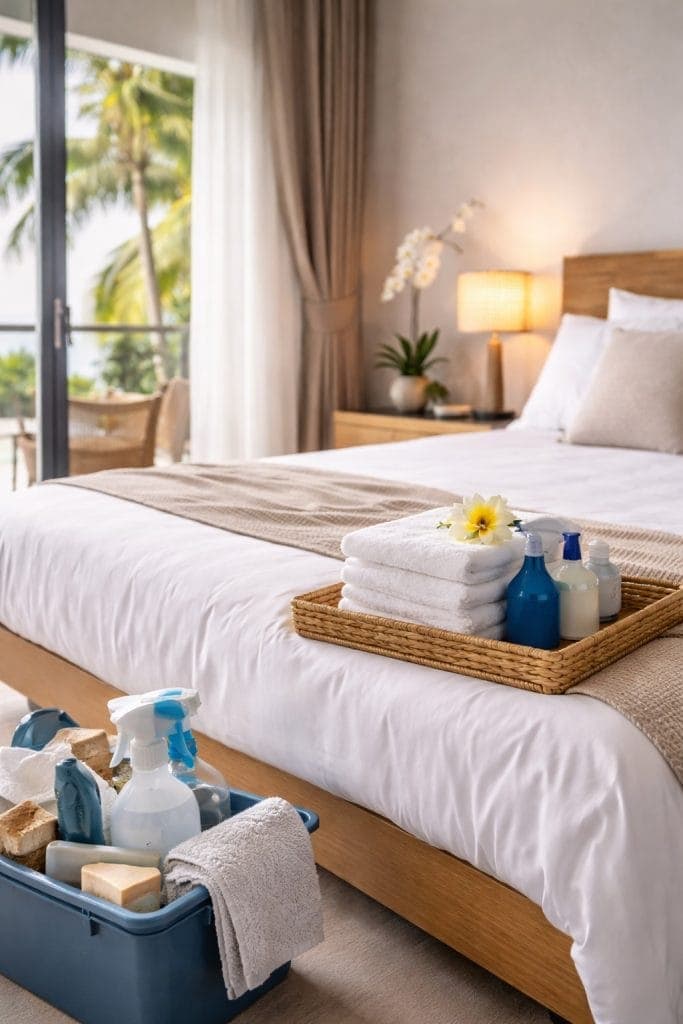 Freshly cleaned Airbnb bedroom in Phuket with linens, towels, and guest-ready amenities for short-term rental turnover