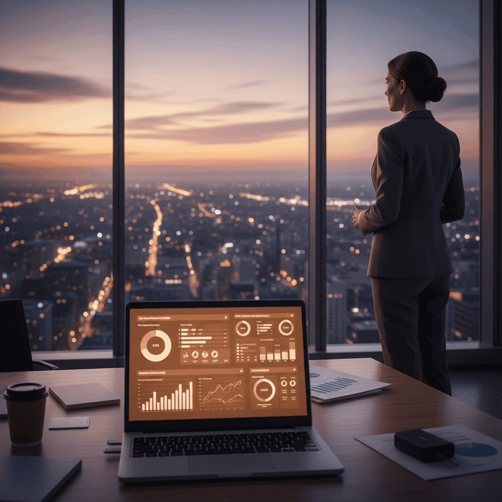 An asset manager looks out an office window at a city skyline, with a laptop showing financial growth charts on the desk in the foreground.