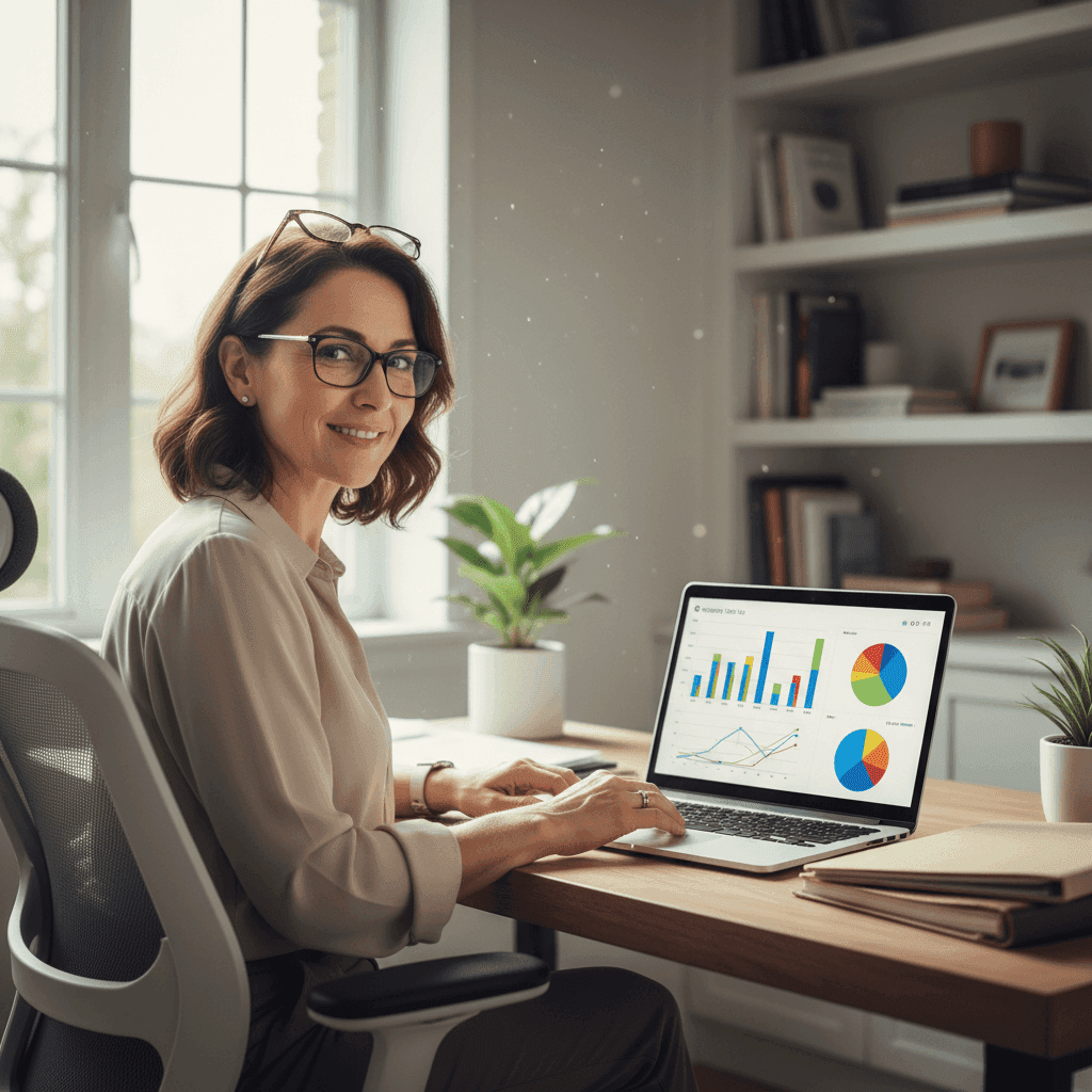 A condo board member reviewing a clear, easy-to-understand financial report on a laptop.