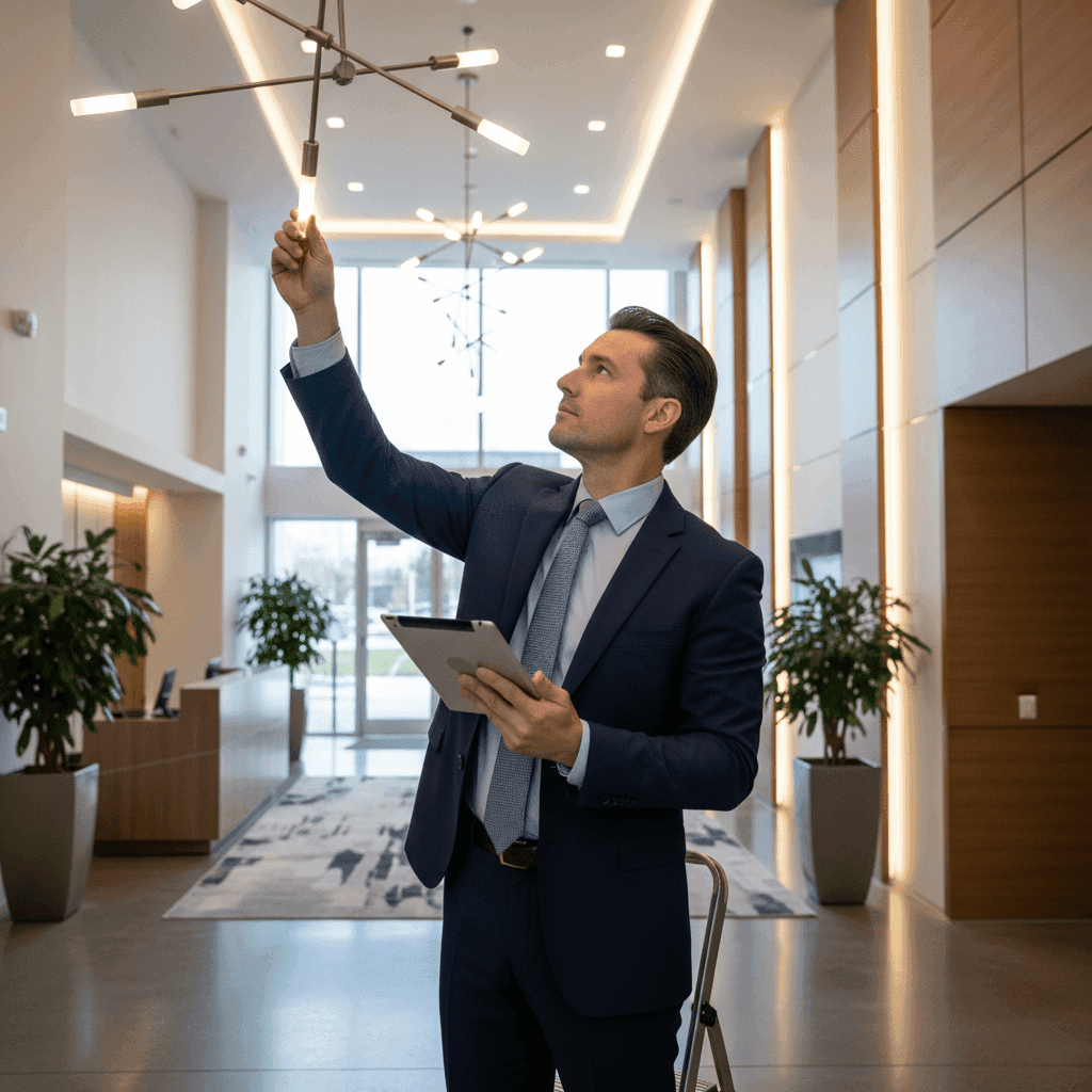 A condo property manager conducting a detailed inspection of a building's common area using a tablet.