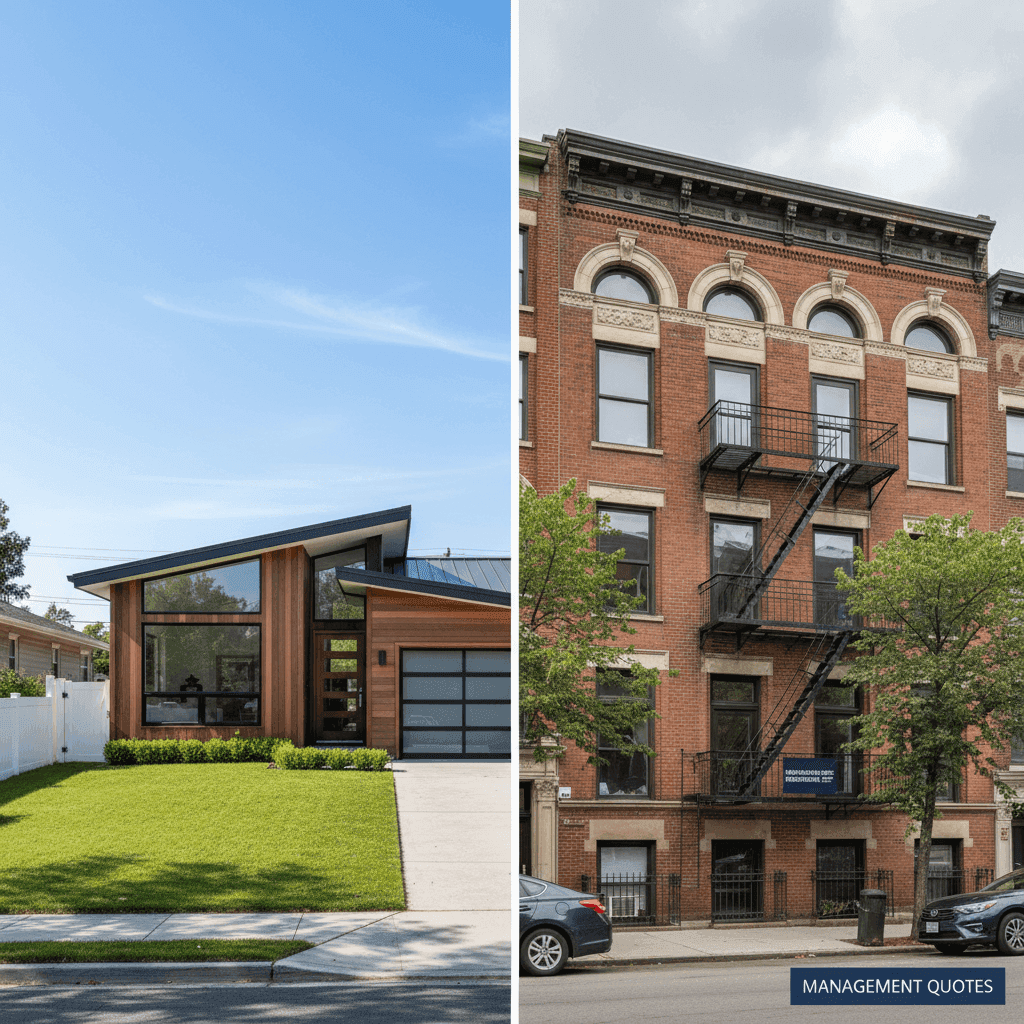 A split image showing a single-family house versus a multi-unit apartment building, illustrating factors that influence property management costs.