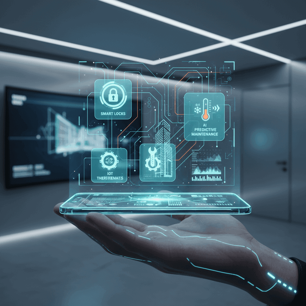 A futuristic interface with smart home IoT icons projecting from a smartphone, representing the future of property management systems.