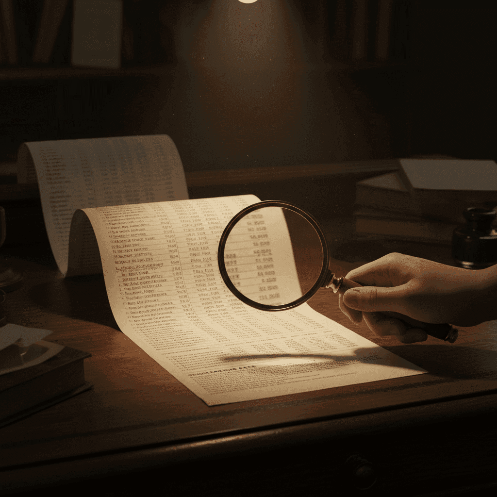 A magnifying glass closely inspecting the fine print on a long property management bill, representing hidden à la carte fees.