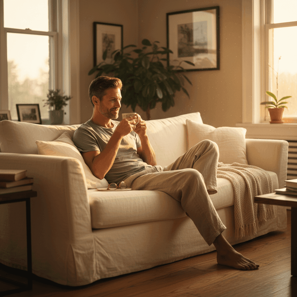 A relaxed property owner enjoying coffee at home, symbolizing the peace of mind gained from a property manager.