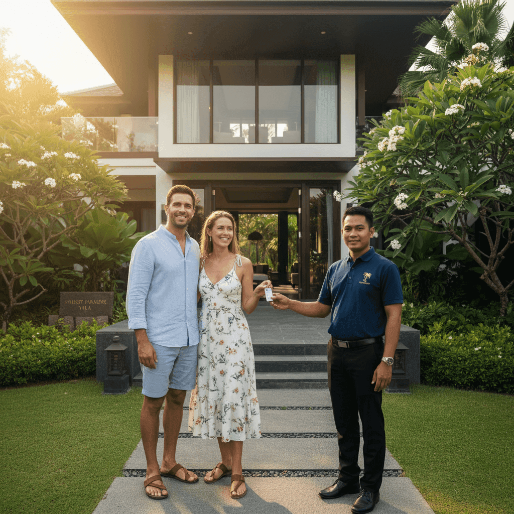 A friendly property manager in Phuket warmly welcoming guests to a beautiful rental villa.