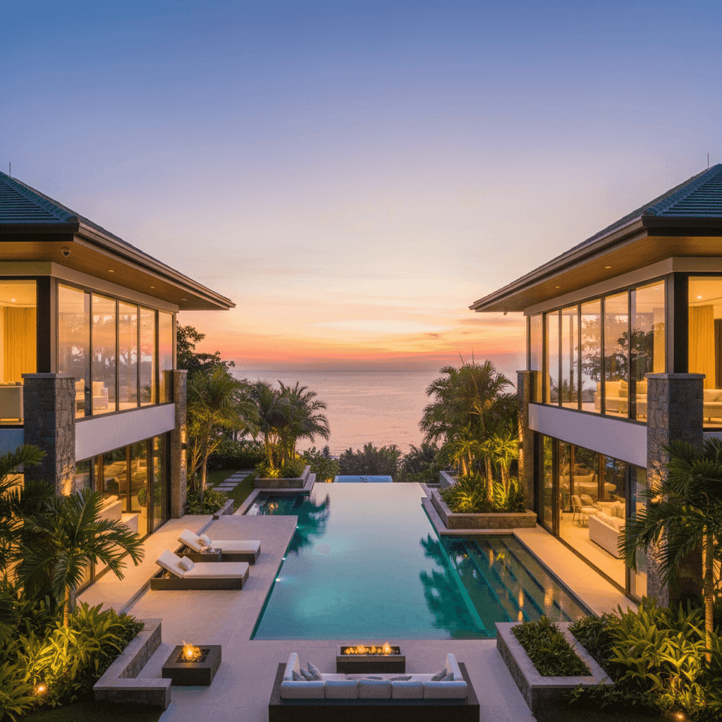 A perfectly maintained luxury Phuket villa at sunset, symbolizing a profitable real estate investment through good management.