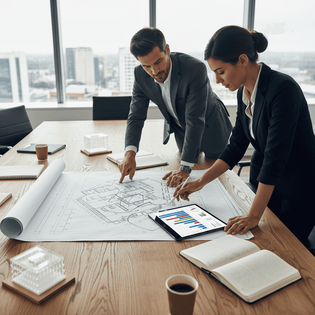 A top-down view of two professionals at a table, comparing architectural blueprints with financial data on a tablet.