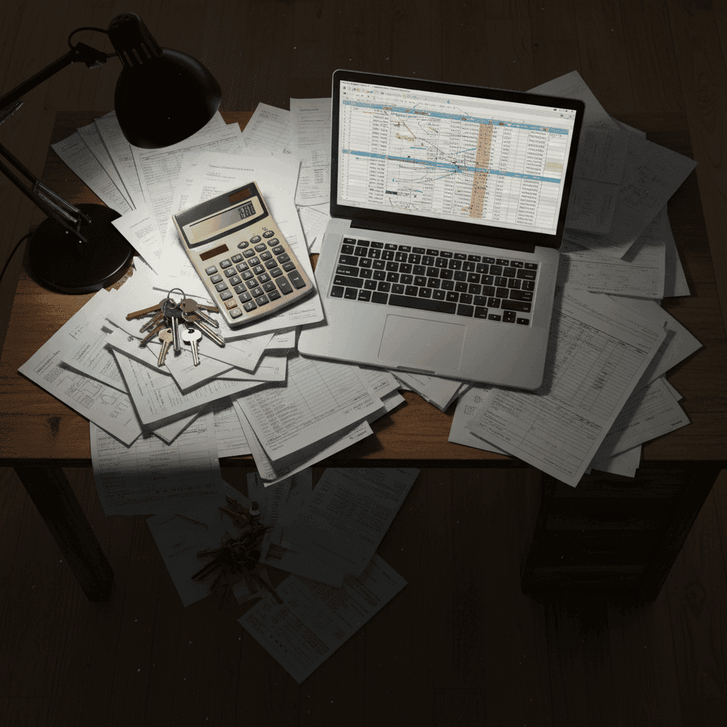 A messy desk covered in paperwork and a chaotic spreadsheet, representing the problems before using a property management system.