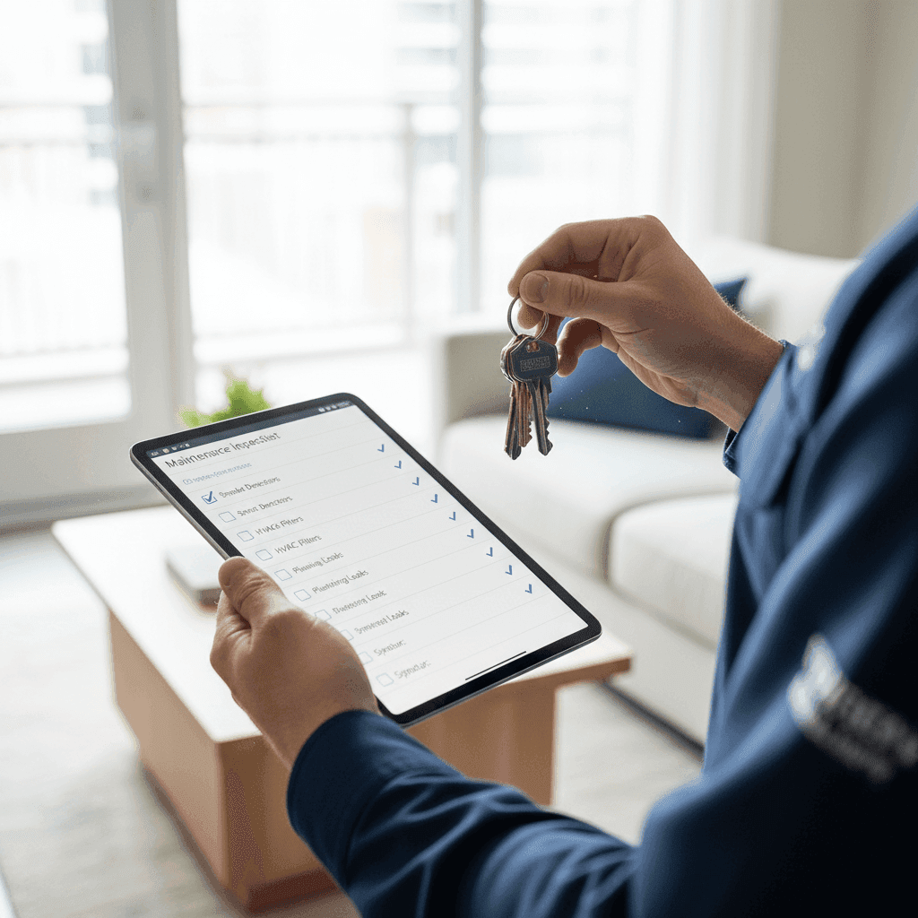 A property manager's hands holding a set of keys and a tablet with a checklist, standing inside a clean, modern apartment.