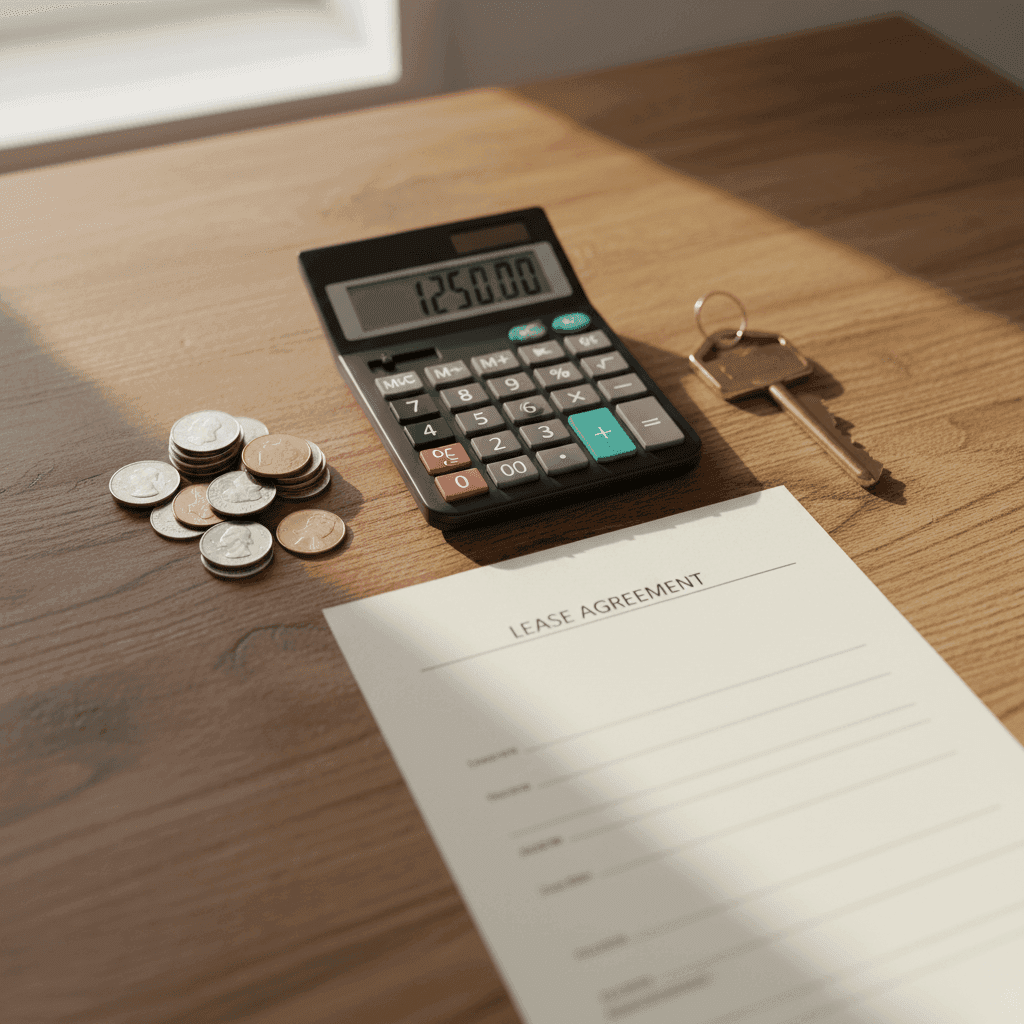 A flat lay of a calculator, coins, and a house key, representing the costs and investment of property management fees.