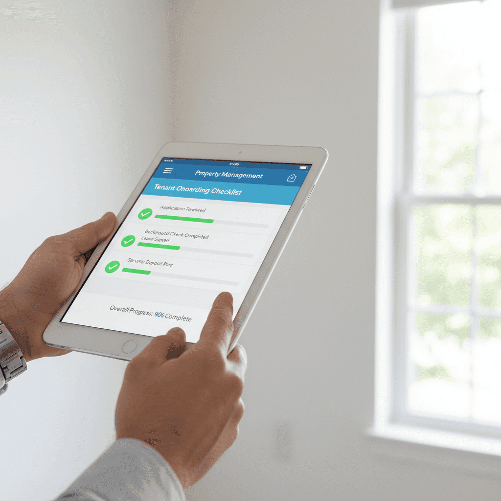 A close-up of a tablet showing the features of a modern property management system, such as a digital checklist for tenant onboarding.
