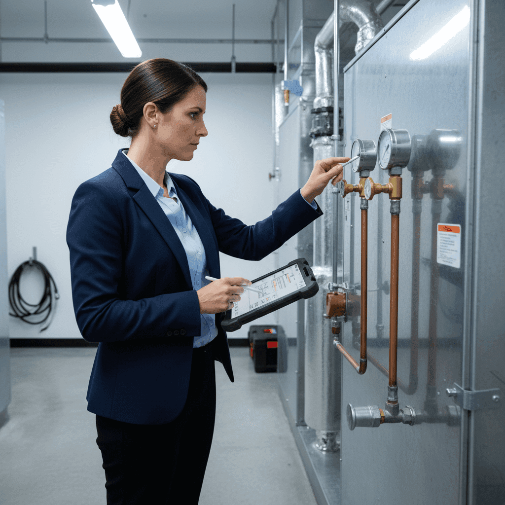 A female property manager in a utility room inspecting an HVAC unit with a tablet, showcasing the detailed work they do.