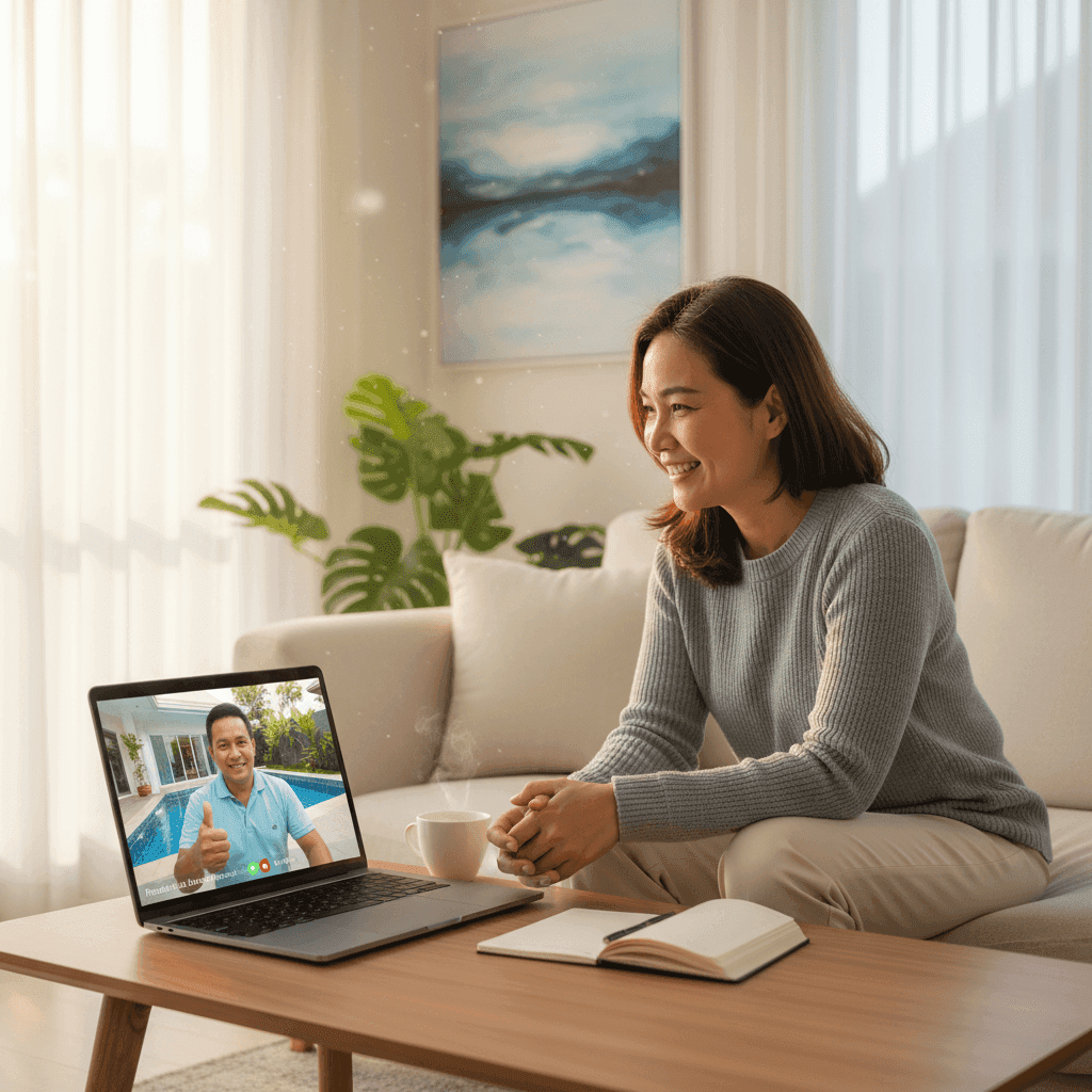 A property owner video calling their Phuket property manager, demonstrating the convenience of professional management versus DIY.