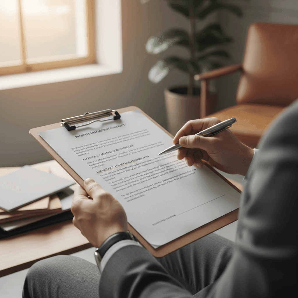 A close-up of a person carefully reviewing a property management contract with a pen, ready to ask a question before signing.