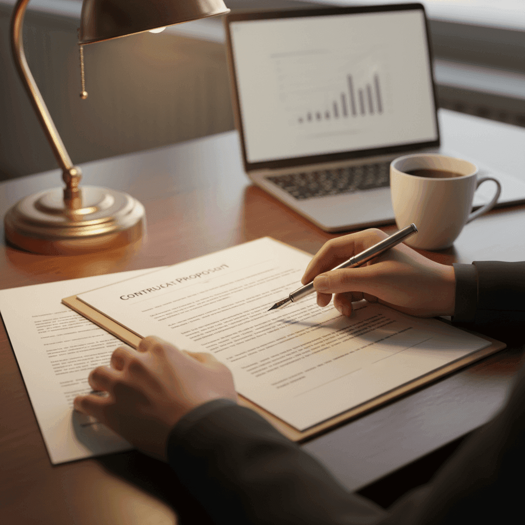A person carefully vetting and reviewing a contract from a condo property management company.
